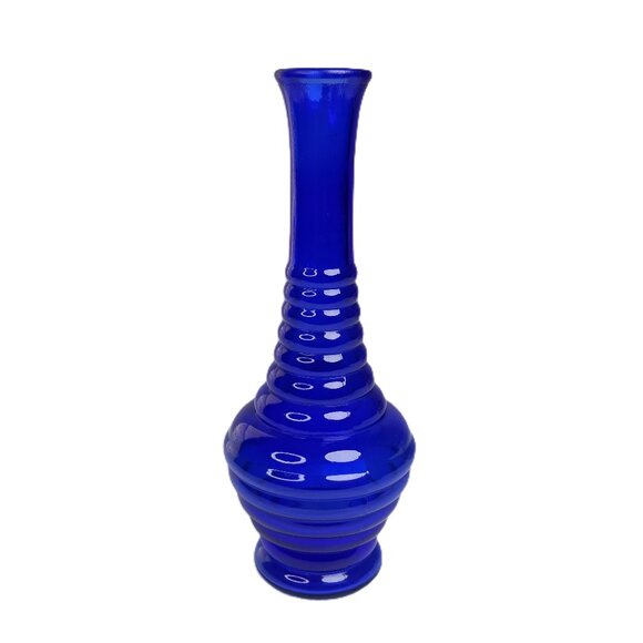 Vintage Cobalt Blue Mid-Century Modern Beehive Ribbed Glass Vase - Picture 1 of 6